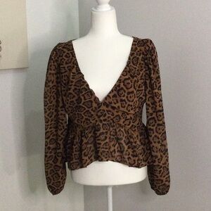 H&M Brown and Black Puff Sleeve Wrap Blouse
